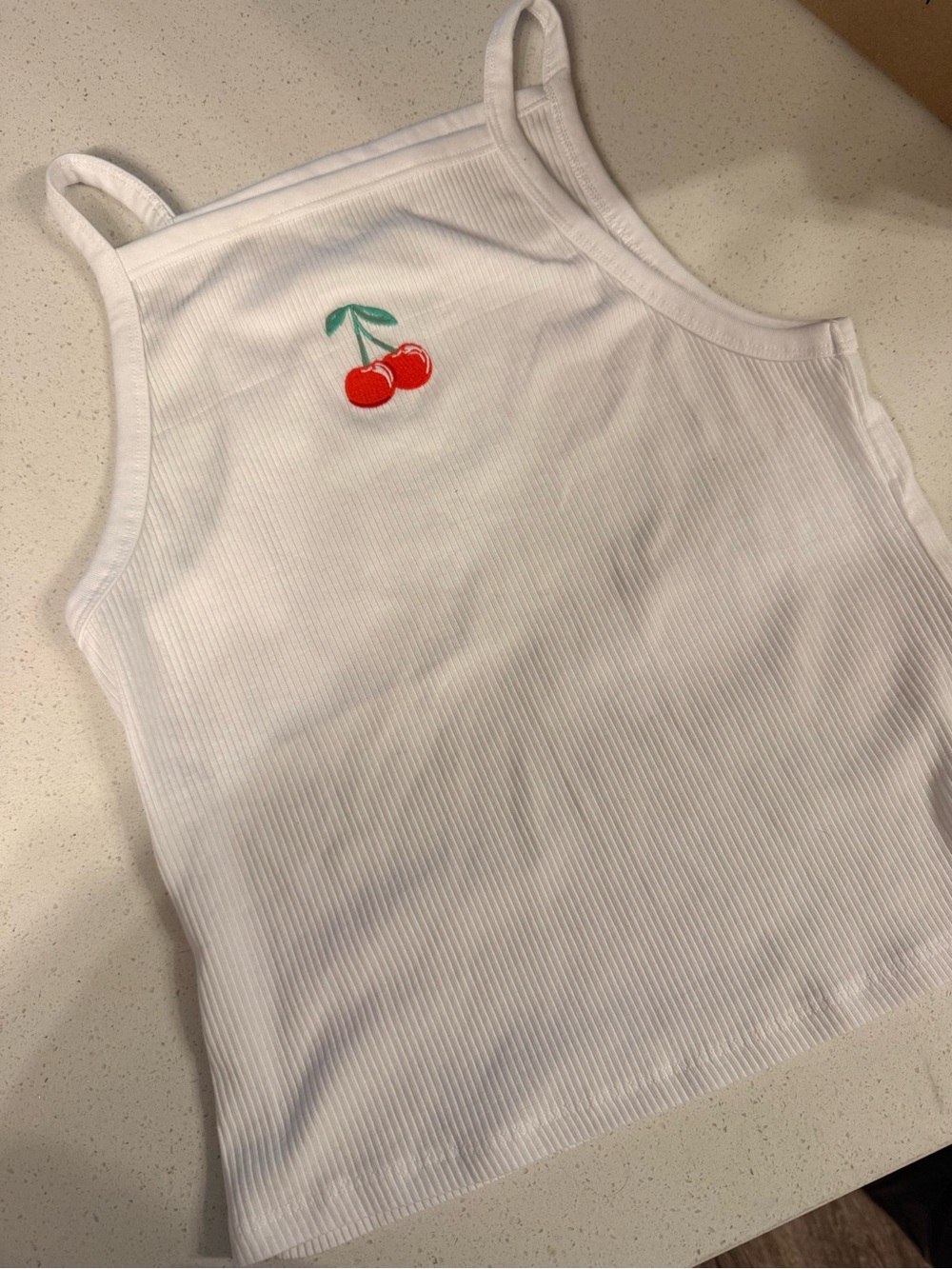 Cutesy White Ribbed Tank Top with Cherry Embroidery